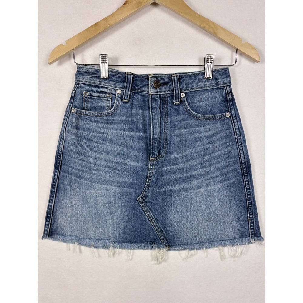 Abercrombie & Fitch Denim Mini Skirt Cotton Raw Hem Frayed Size 24 Med Wash Y2K
